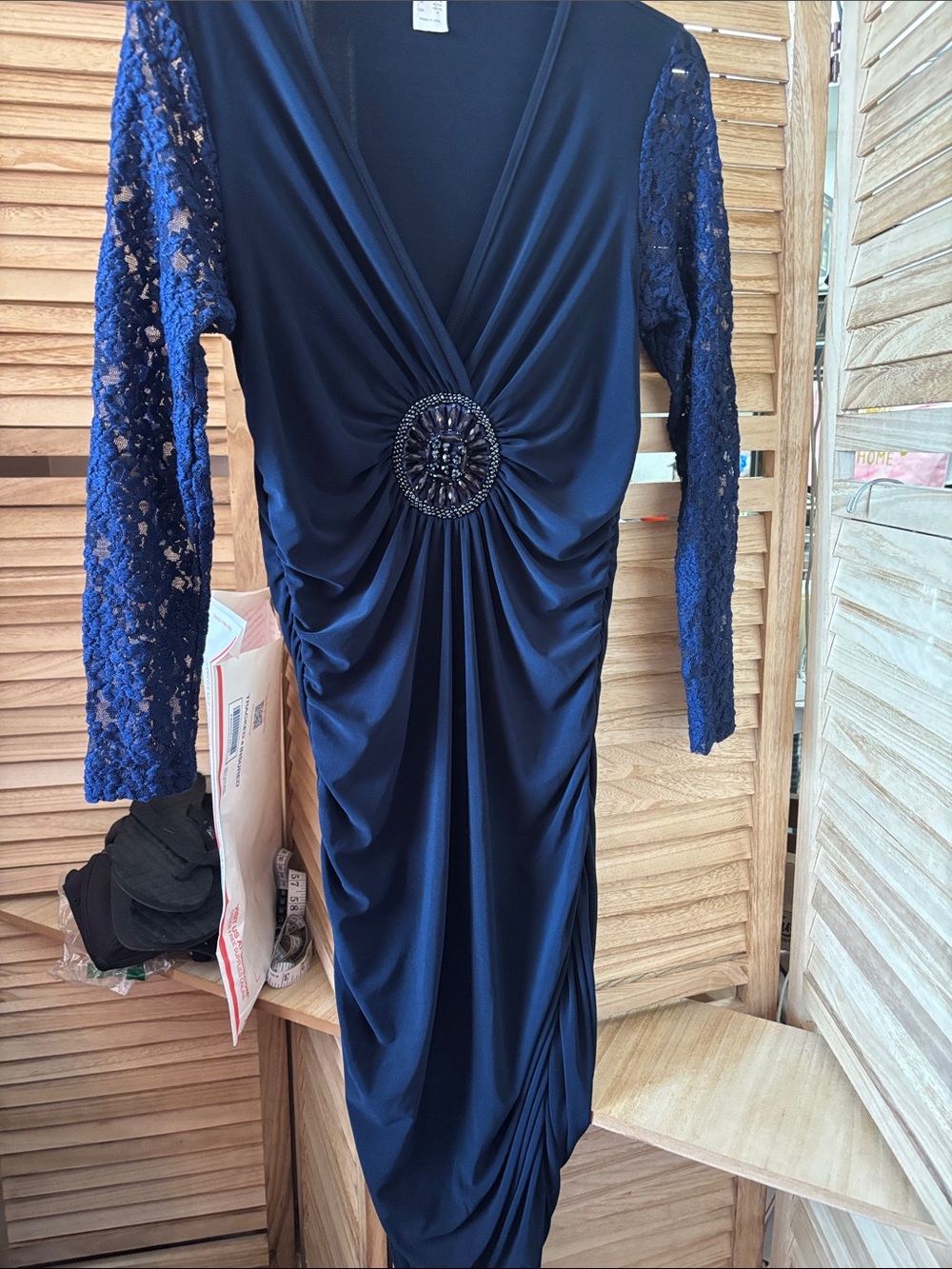 VENUS Navy Blue Lace-Sleeve Beaded Waist Dress Medium